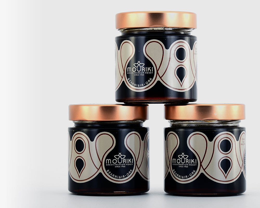 3 glas Mouriki egetræs honning, Grækenland