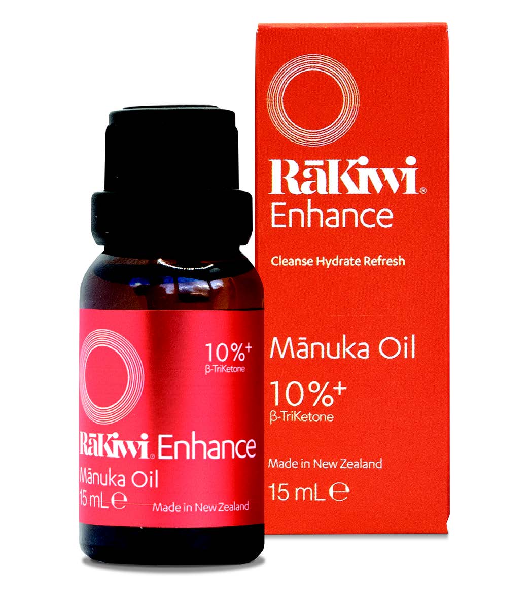 Flaske og æske med RāKiwi ENHANCE Manuka Olie (β-Triketon 10%+)