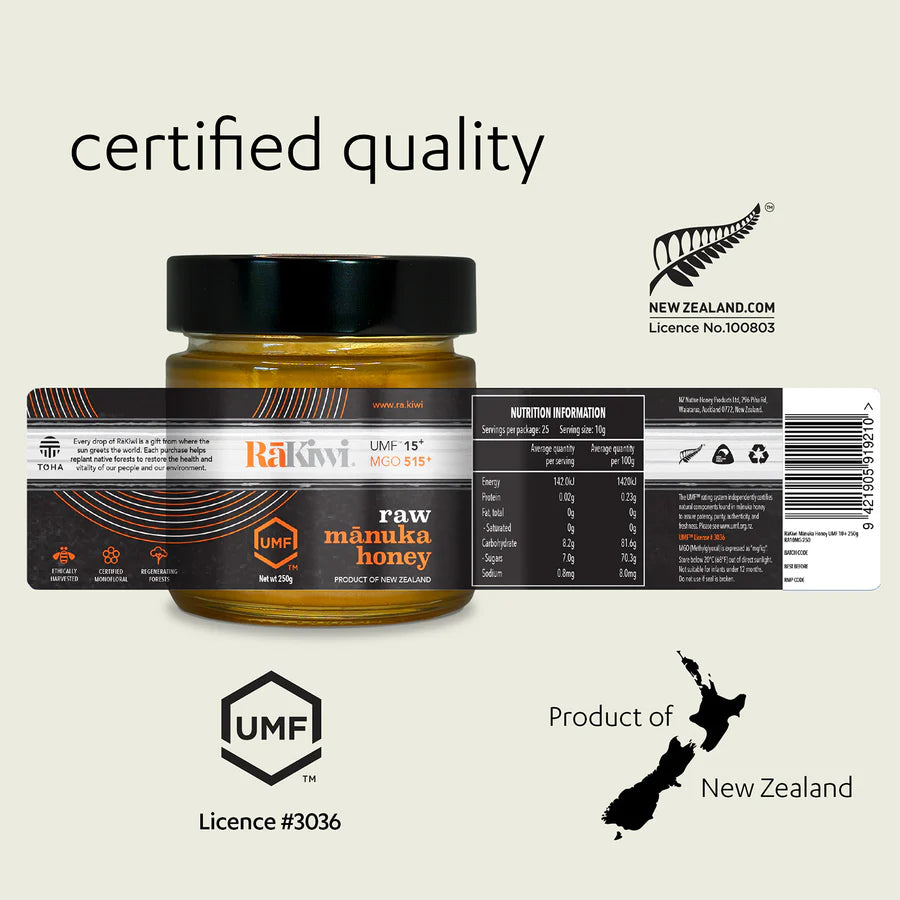 Glas med RaKiwi honning UMF 15+ MGO 515+ fra New Zealand