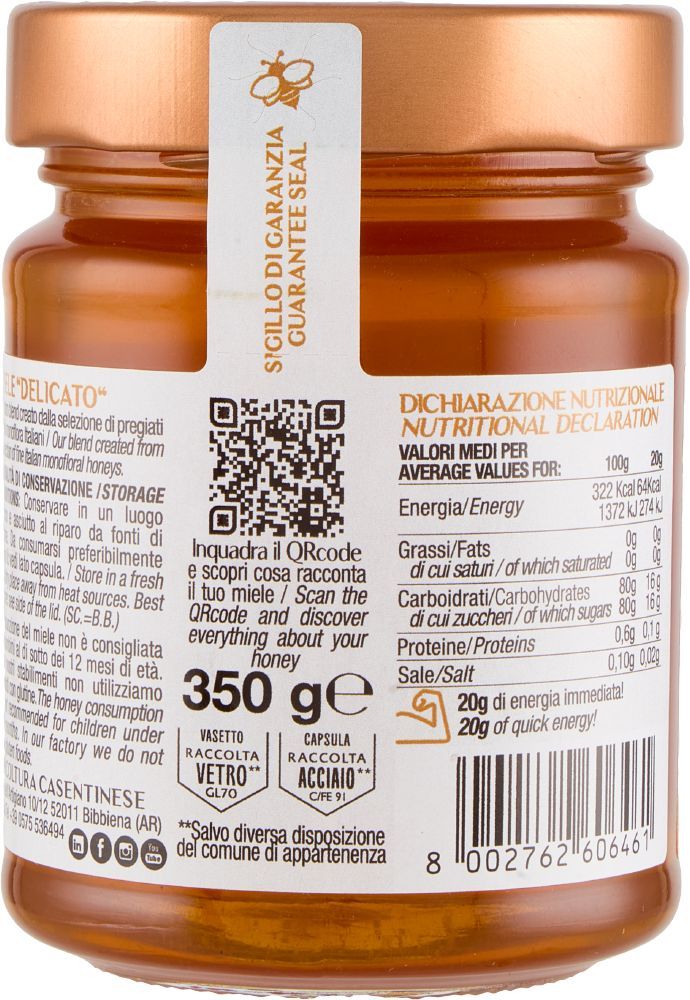 Bagside af glas med Apicolture Casentinese Aromatico Honning, fra Italien.