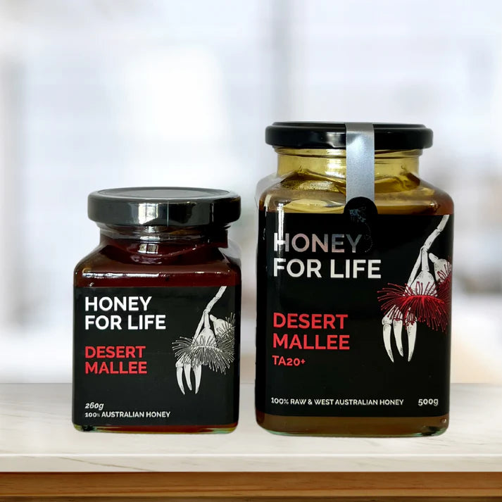 2 glas med Honey for life , Desert Mallee honning, TA20+  Australien