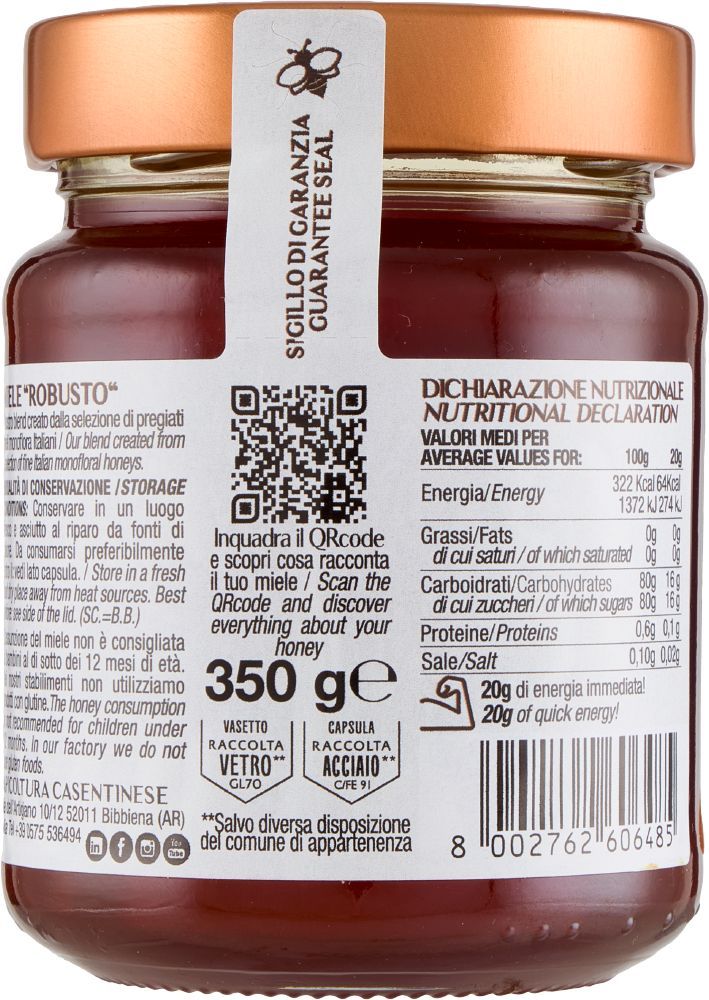 Bagsiden af et glas Apiculture Casentinese Robusto honning, med ingrediens liste,  fra Italien