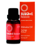  flaske og æske med RāKiwi RESTORE Mānuka Olie(β-Triketon 20%+)