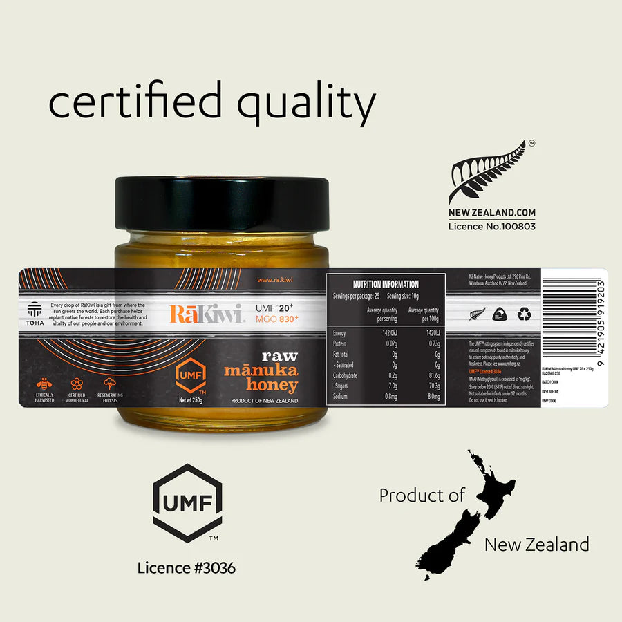 Glas med RaKiwi honning UMF 20+ MGO 830+ fra New Zealand