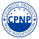 Blåt/hvidt Stikker fra CPNP cosmetic product, notificartion potal. 