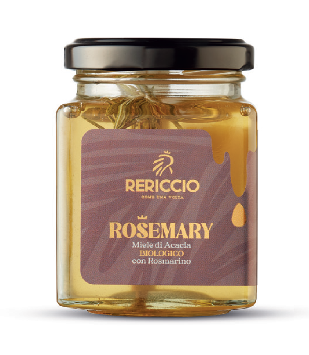 Glas med biologisk rosmarin honning fra Rericcio i Italien